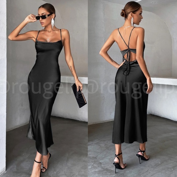 Rouge! Dresses & Skirts - Black Satin Dress Midi Cowl Neck Back Ties